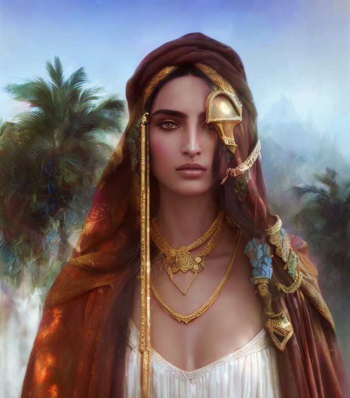 Portrait of woman with dark hair, gold jewelry, and colorful headscarf in misty tropical setting