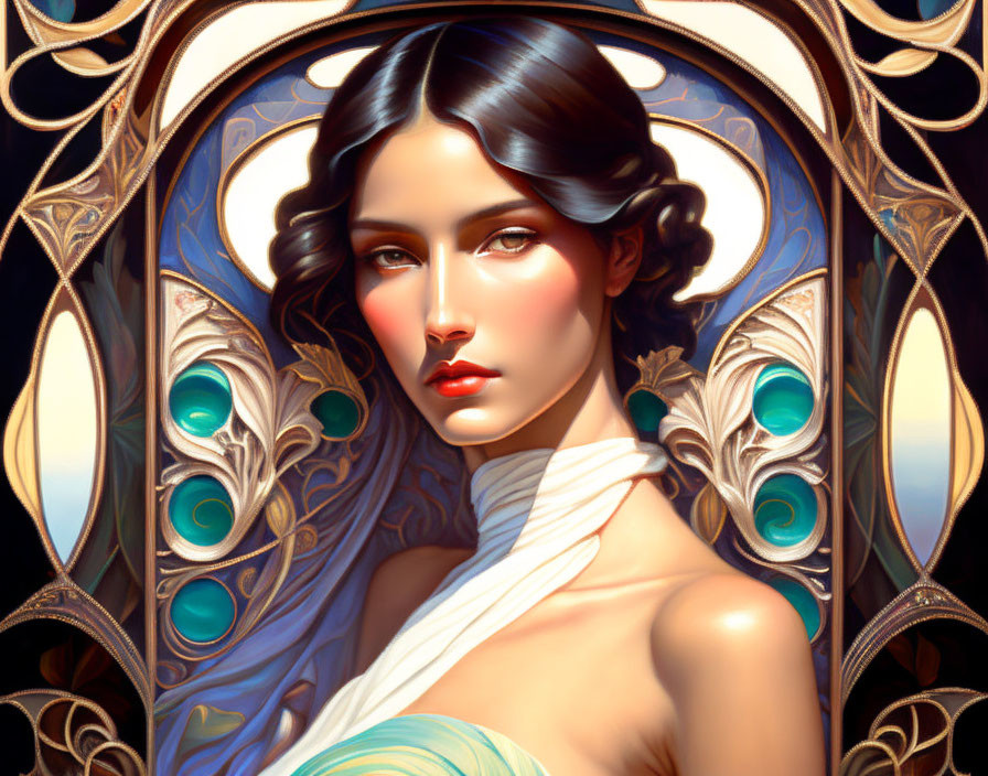 Intricate Art Nouveau portrait of woman with dark hair and serene expression