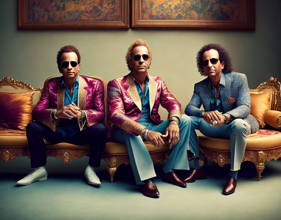 Three Men in Stylish Suits on Ornate Couch with Patterned Backdrop