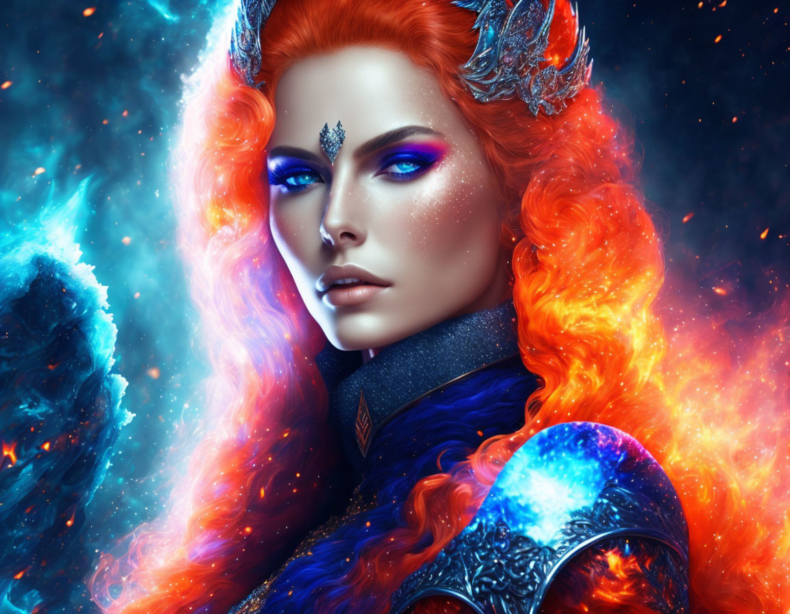 Fantasy illustration of woman with fiery red hair, blue skin, vibrant makeup, and ornate armor