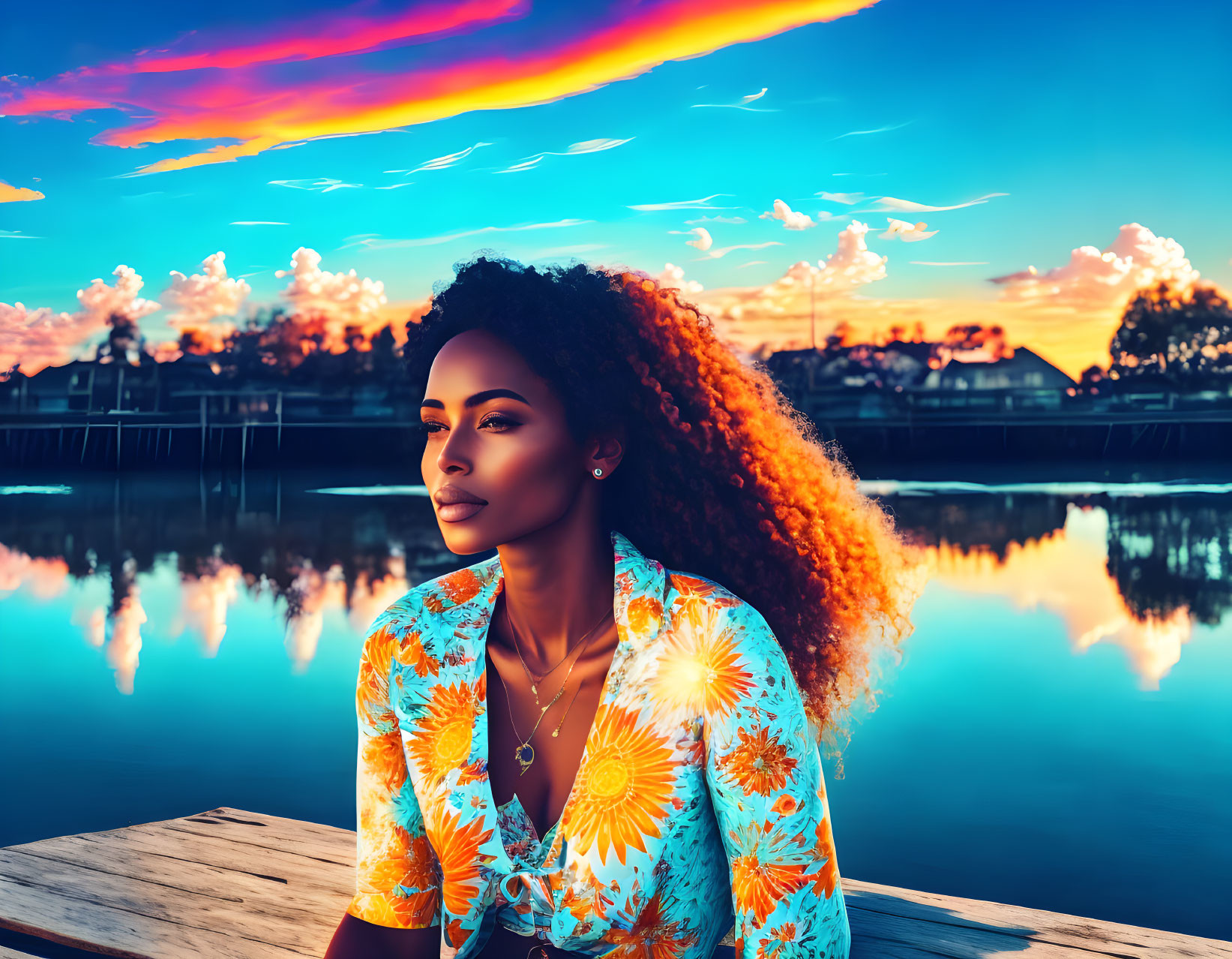 Curly-Haired Woman Sitting on Dock at Sunset with Floral Shirt