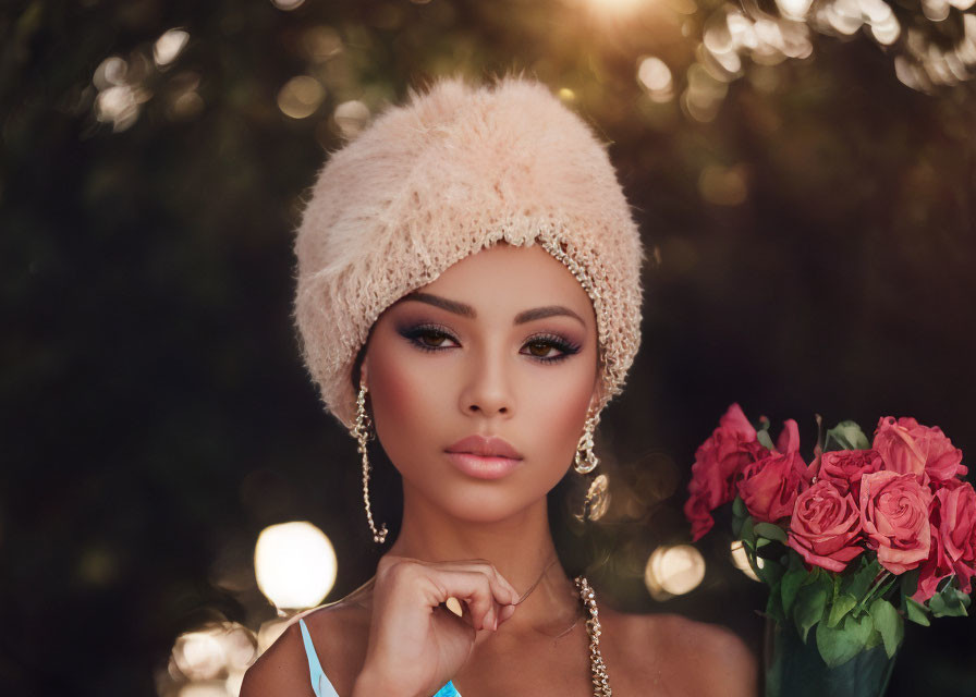 Stylish individual with hat and roses against warm bokeh background