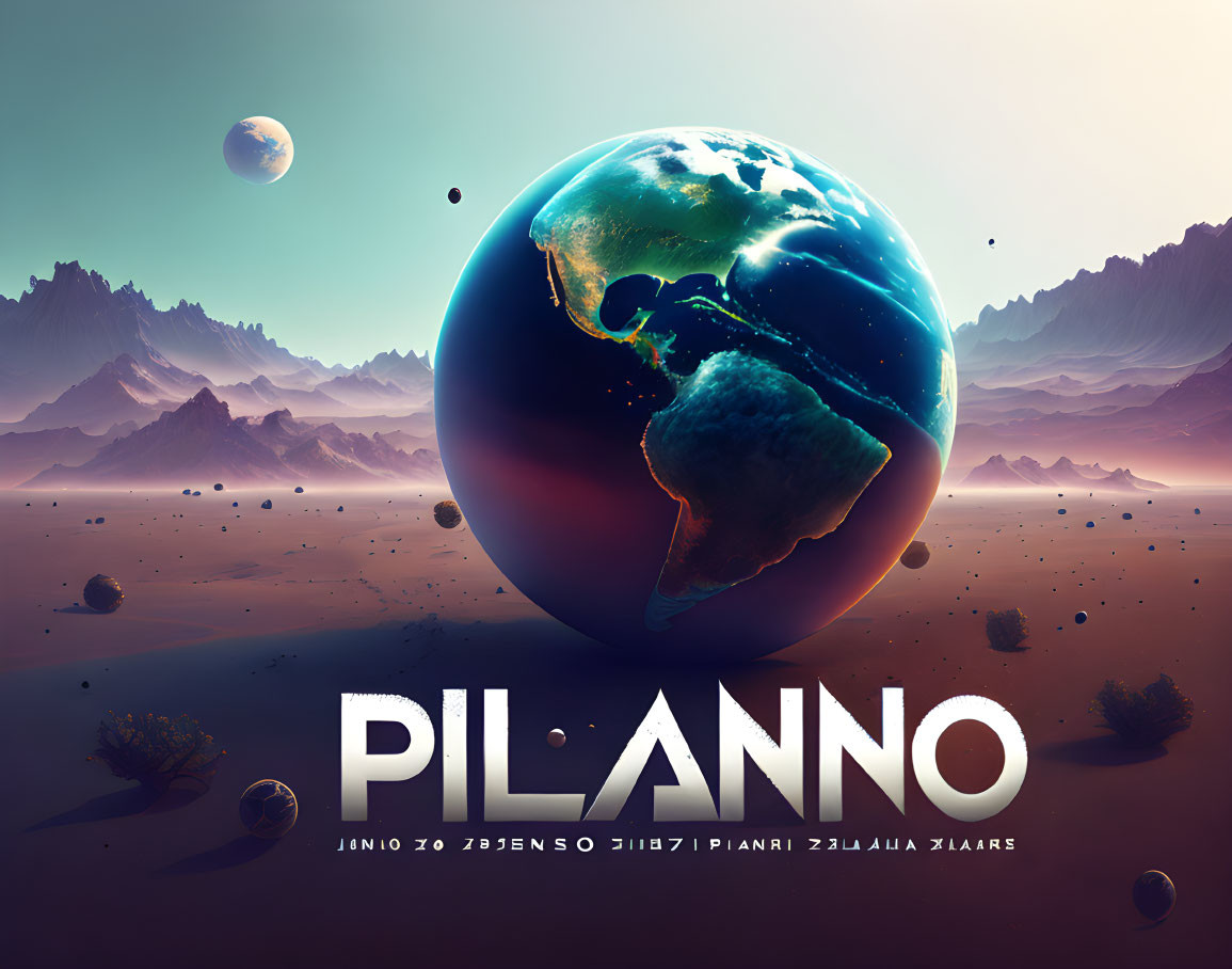 Sci-fi scene: oversized planet and moons over rocky desert with "PIL·ANNO" text