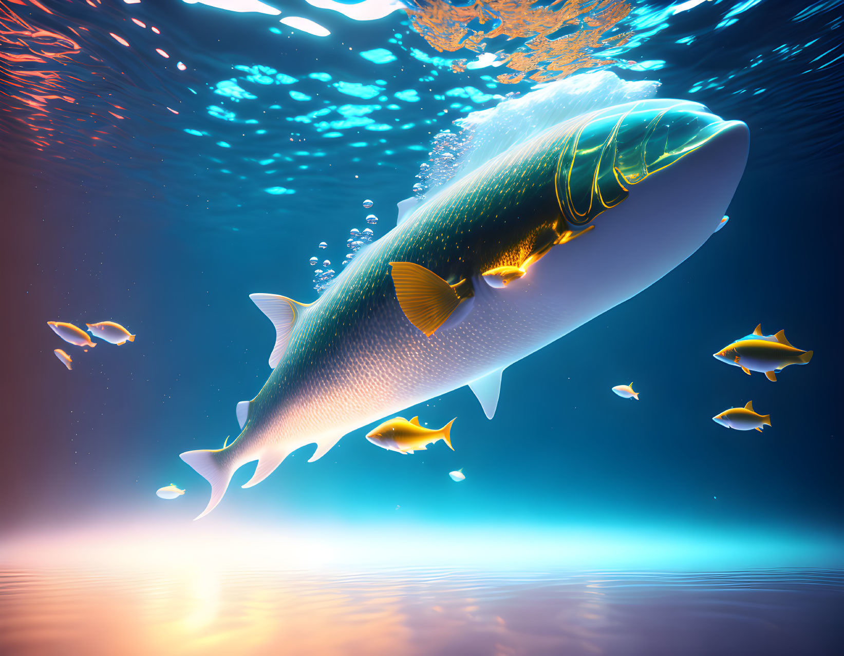 Futuristic fish swimming with vibrant underwater backdrop