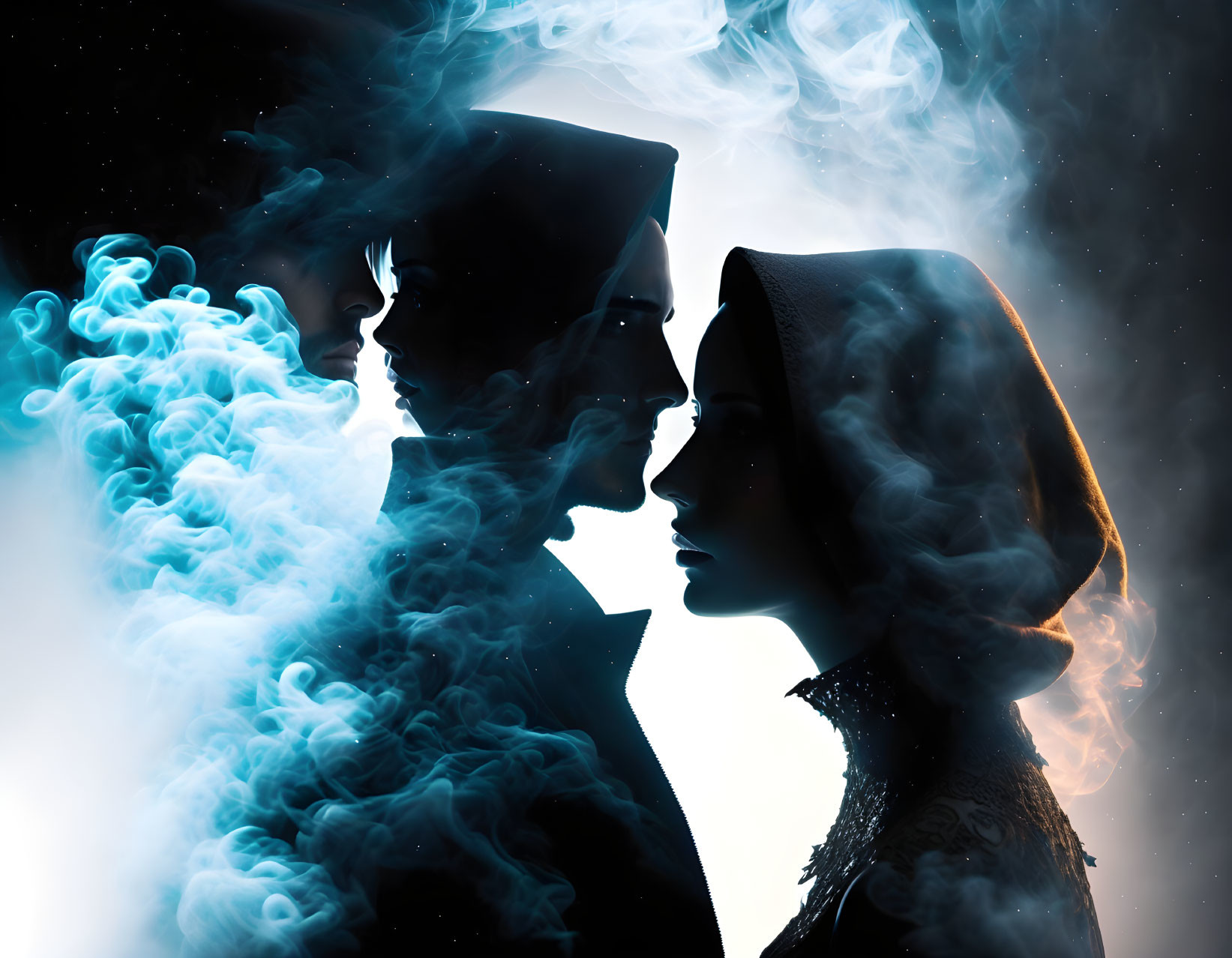 Silhouetted figures surrounded by colorful smoke on dark background