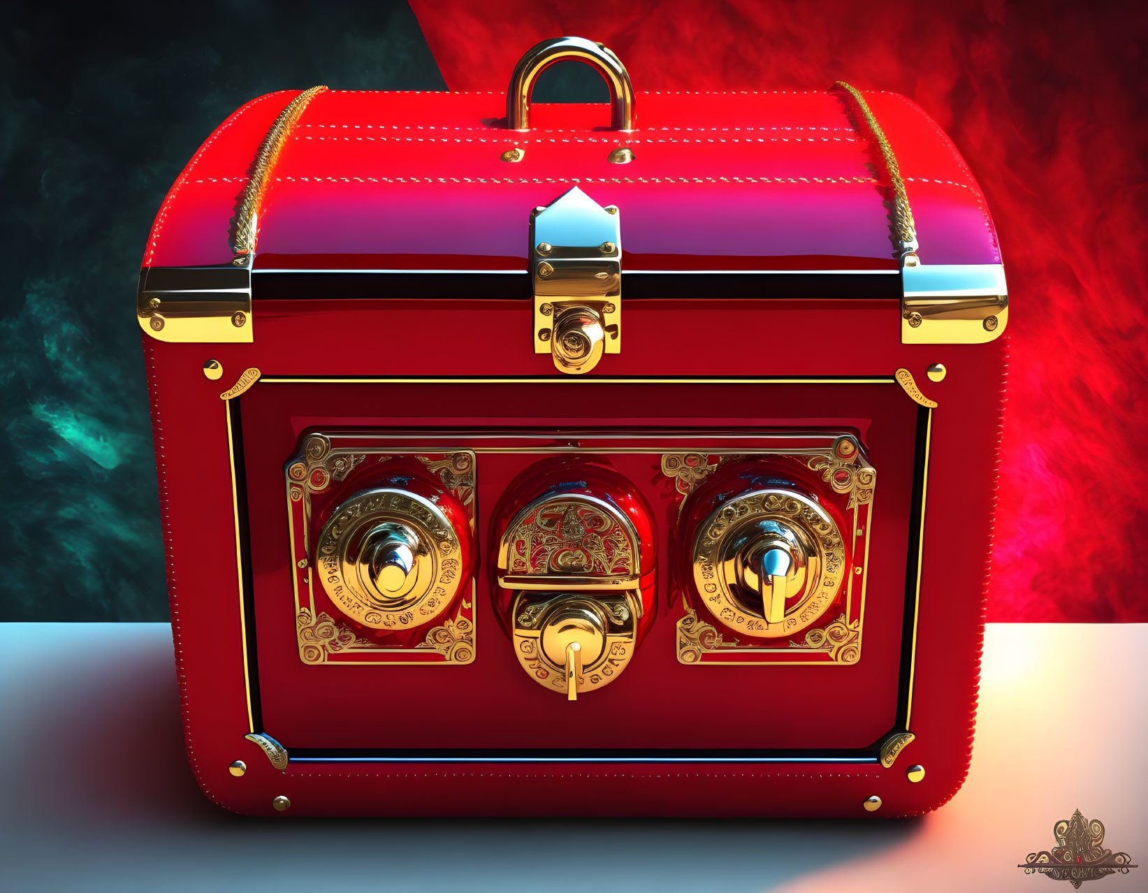 Red and Gold Ornate Suitcase with Intricate Designs on Moody Blue and Red Smoky Background