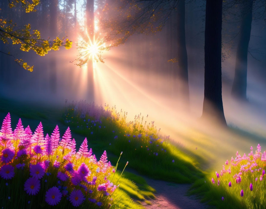 Misty forest sunrise with purple flowers and greenery