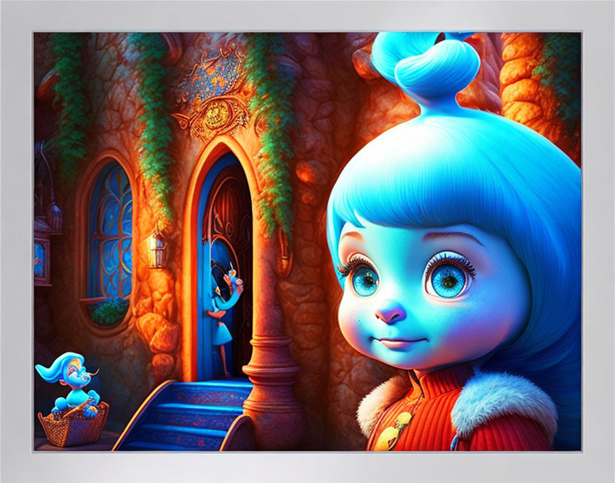 Illustration of blue-haired girl and Smurf by ornate treehouse.