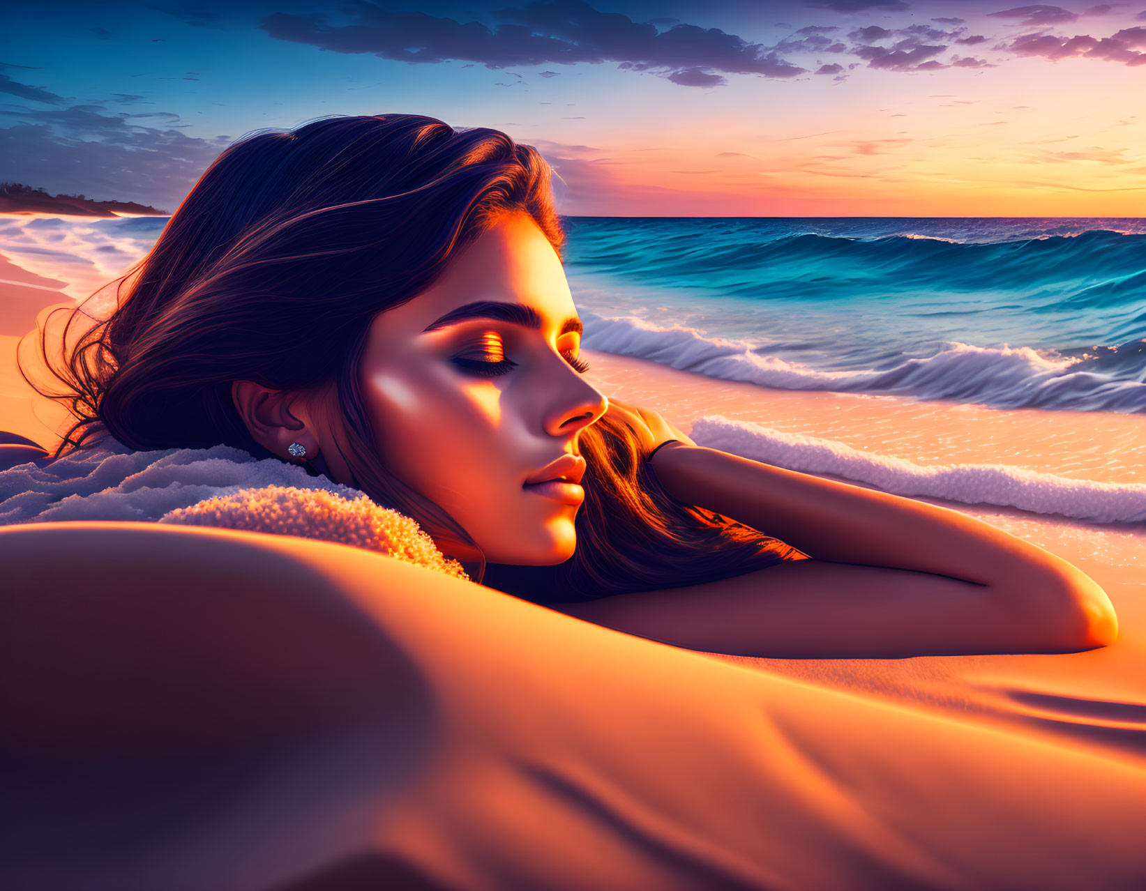 Woman lying on beach at sunset with waves, face in warm light