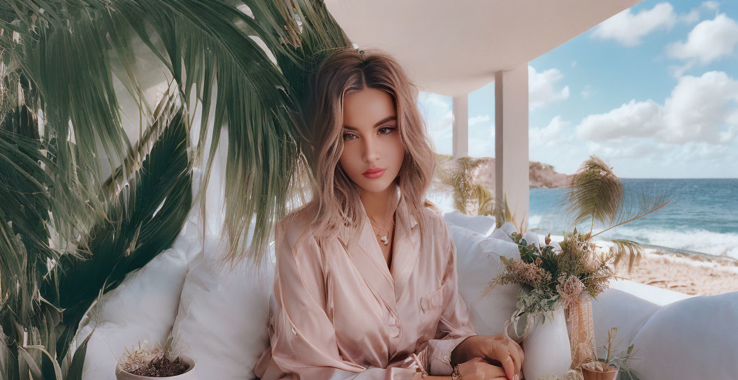 Woman in Pink Blouse Sitting on White Couch with Ocean View