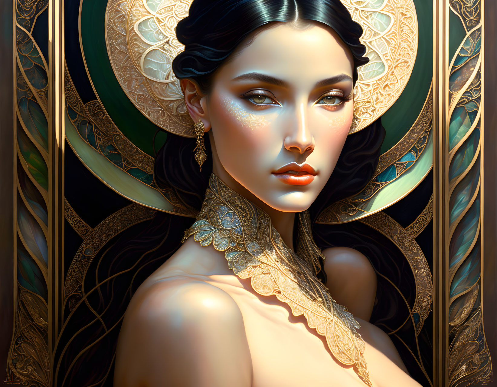 Art Nouveau Style Woman Portrait with Dark Hair and Golden Jewelry