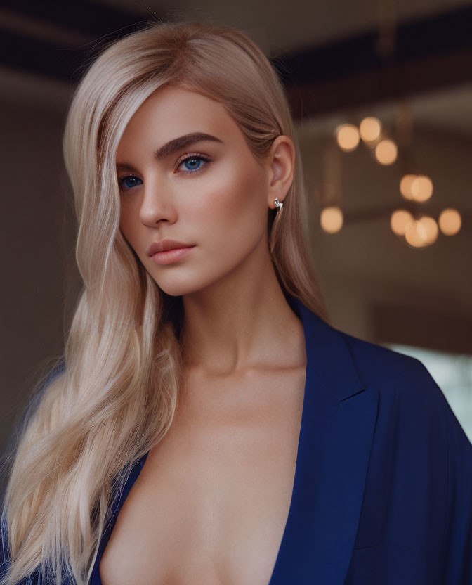 Blonde woman in blue jacket with deep neckline poses indoors