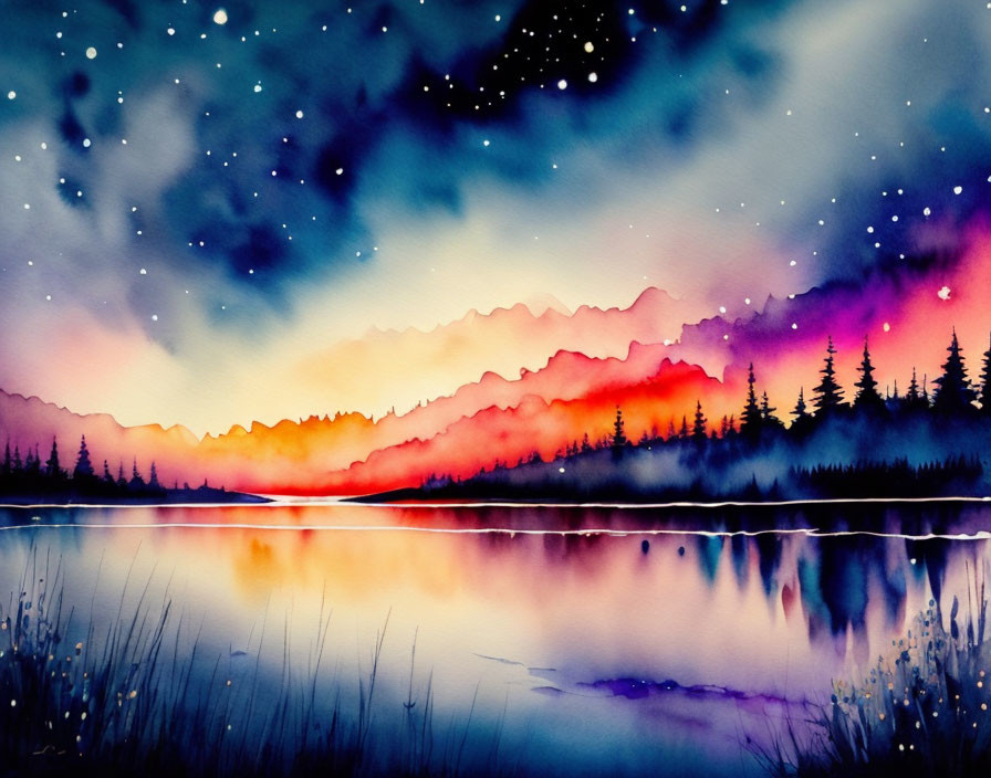 Twilight sky watercolor painting: stars, lake, pine trees, mountains