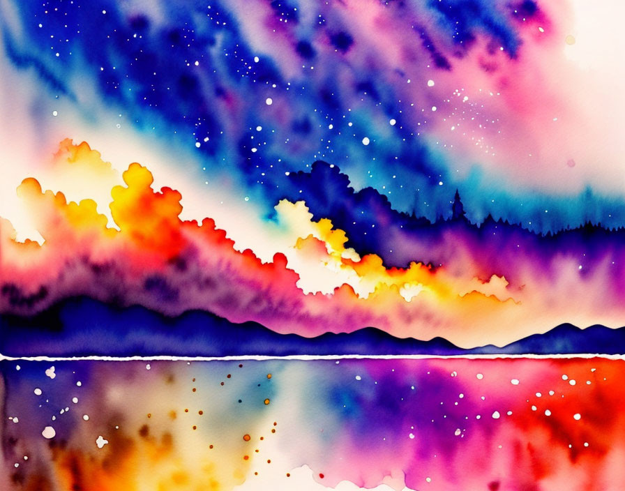 Colorful Watercolor Sunset Painting with Forest Silhouette & Reflection