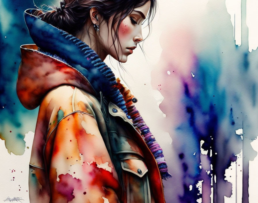 Colorful Paint-Splattered Jacket on Woman Amid Vibrant Watercolor Splashes