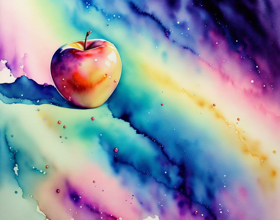 Colorful Watercolor Painting: Red Apple on Abstract Background