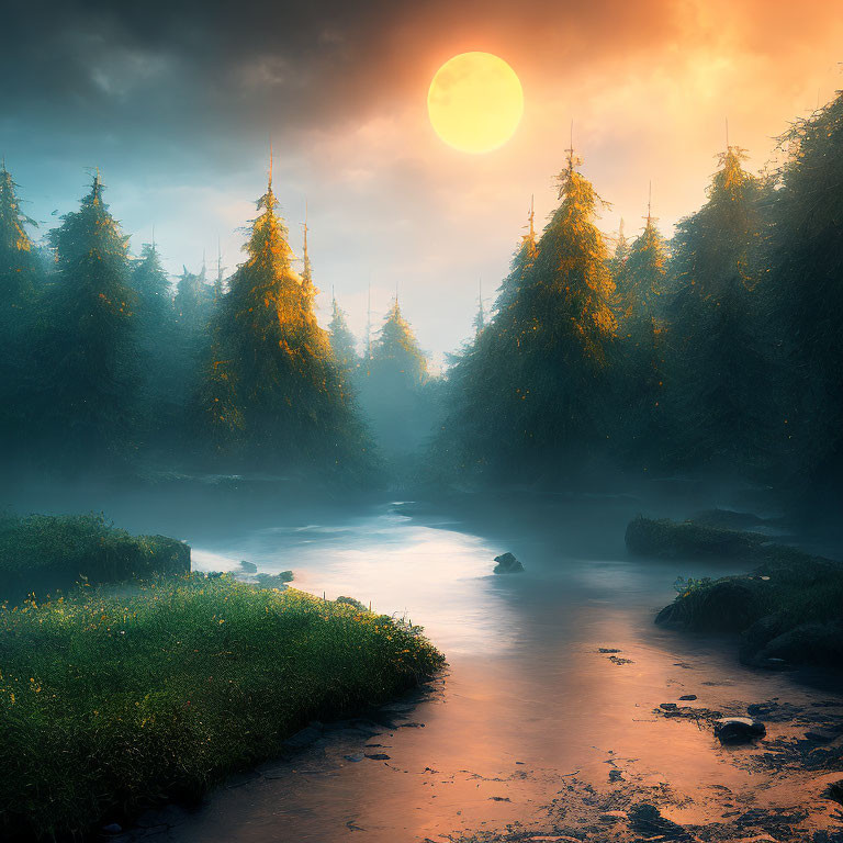 Full Moon Twilight Scene Over Misty Forest and Tranquil River