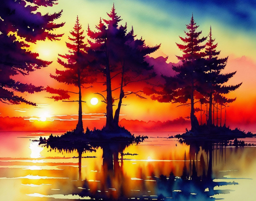 Serene sunset watercolor painting with pine trees and lake