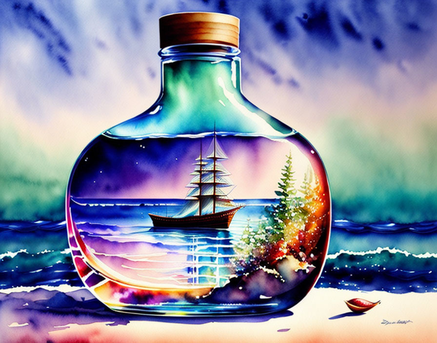 Colorful Maritime and Forest Landscape Painting in Transparent Bottle