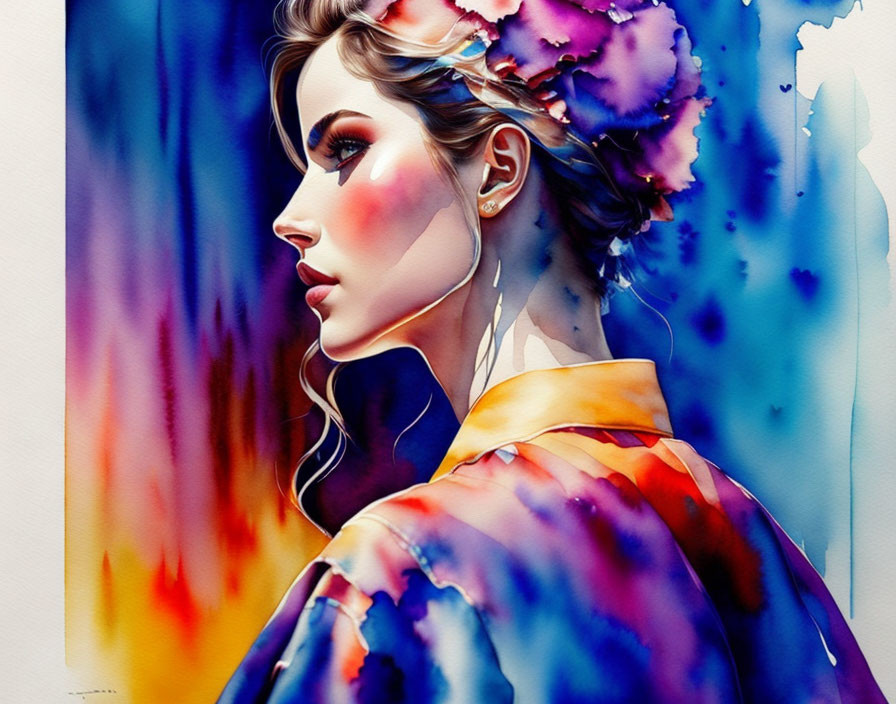 Vibrant watercolor portrait of a woman in profile view