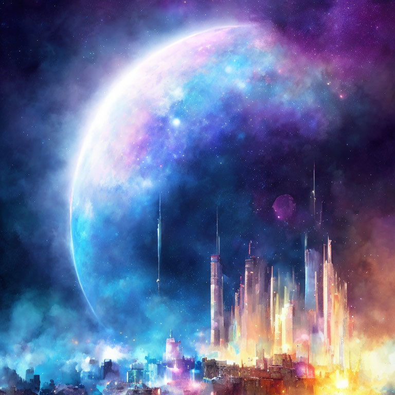 Colorful illuminated cityscape under celestial body in cosmic sky