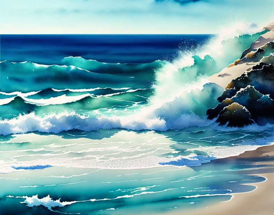 Vibrant watercolor painting of crashing sea waves under clear blue sky