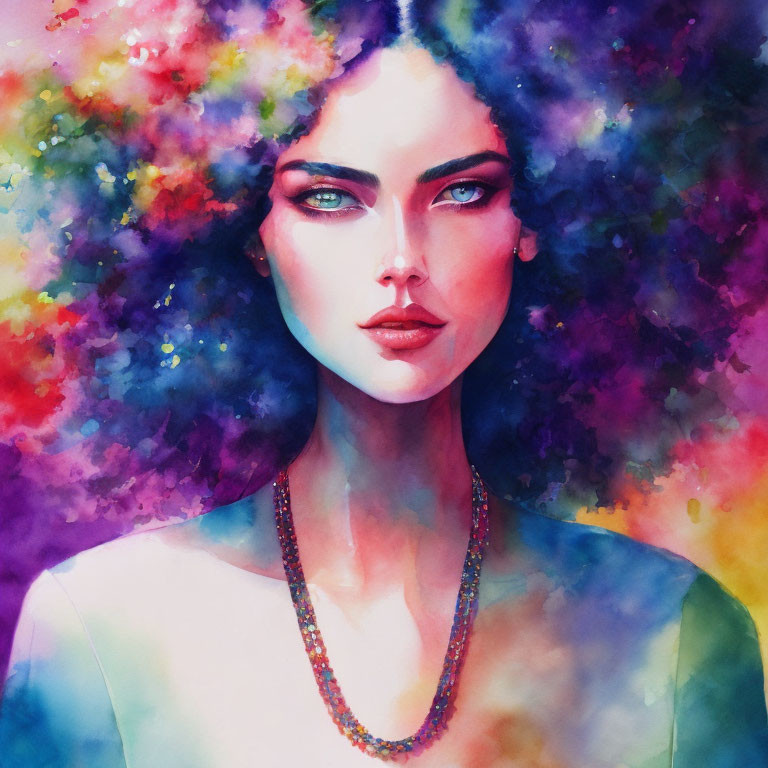 Colorful Watercolor Portrait of Woman with Cloud-Like Aura and Beaded Necklace