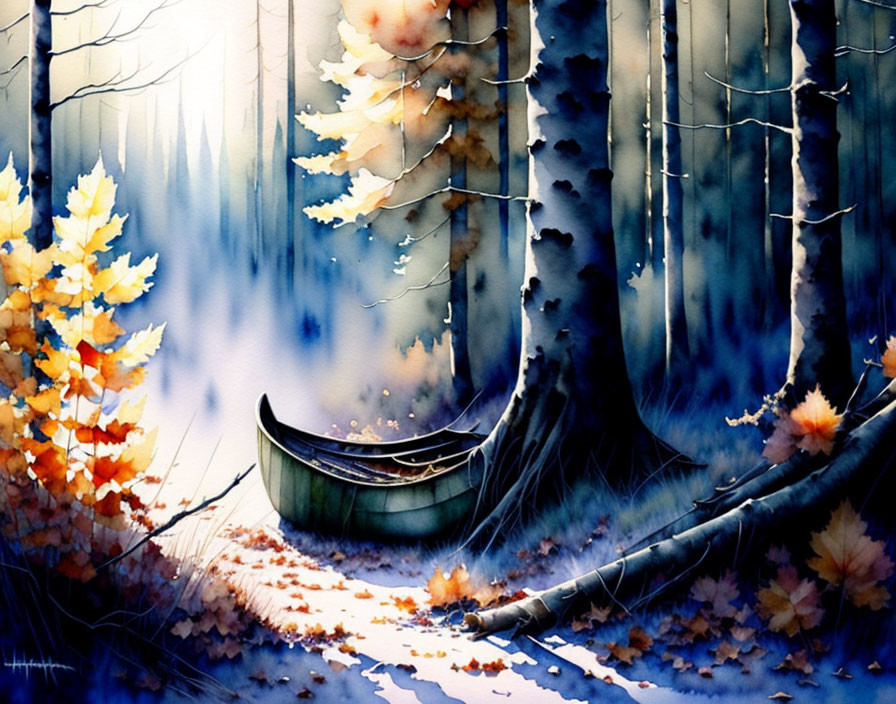 Tranquil watercolor forest with canoe and autumn leaves