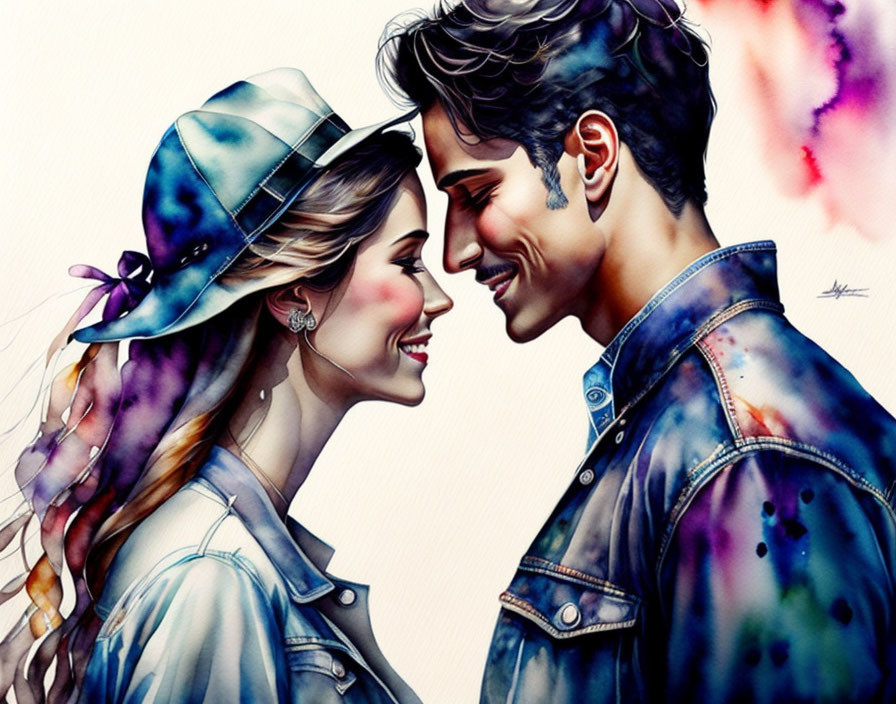 Colorful watercolor effect: Smiling couple in denim attire