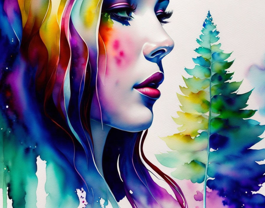 Colorful Watercolor Illustration: Woman's Profile with Multicolored Hair & Surreal Pine Tree