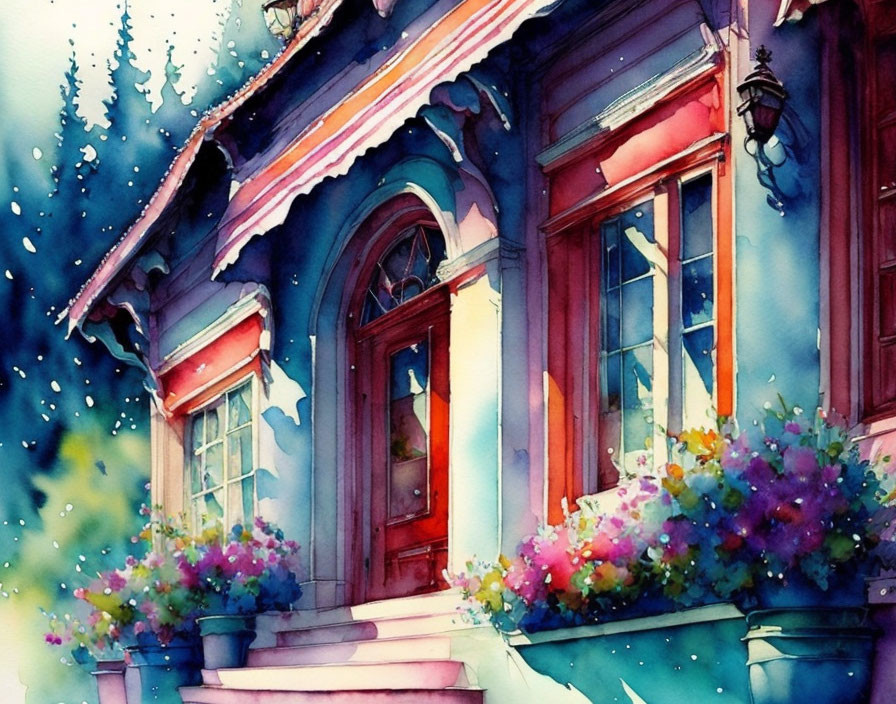 Colorful Watercolor Painting of Quaint House with Blooming Flowers