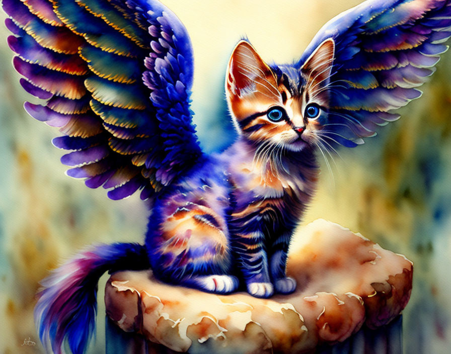 Whimsical kitten with butterfly wings on mushroom in vibrant illustration