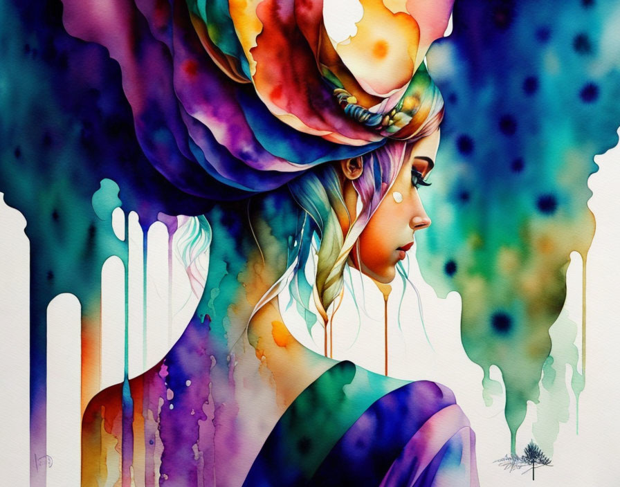 Vibrant Watercolor Painting of Side Profile with Abstract Background