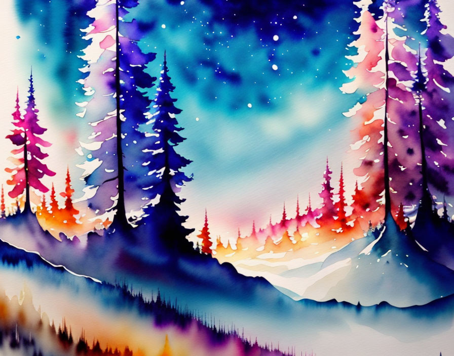 Colorful Watercolor Forest Landscape Under Starry Sky with Northern Lights