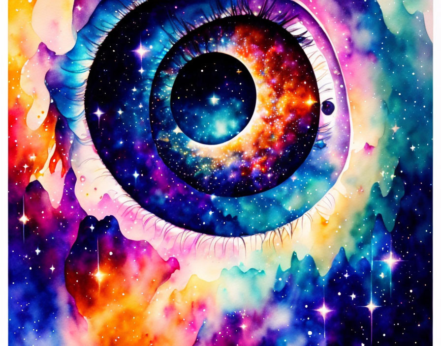 Eye Watercolor Illustration with Cosmic Galaxy and Nebula Colors