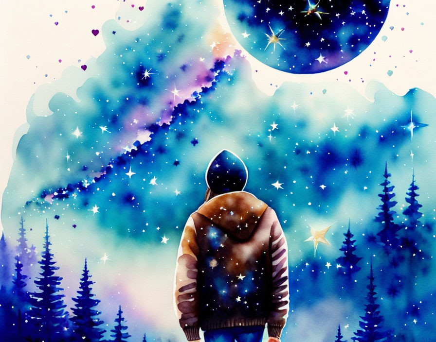 Person in hoodie under starry night sky with nebula and galaxy patterns.