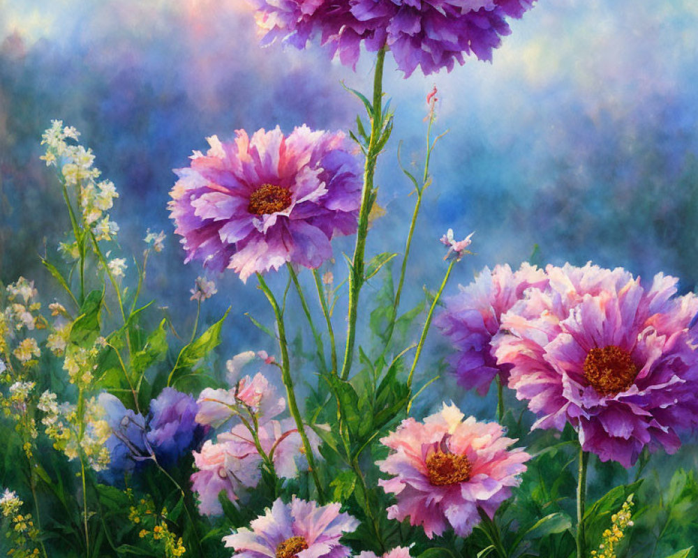 Colorful painting of purple peonies on blue and violet background