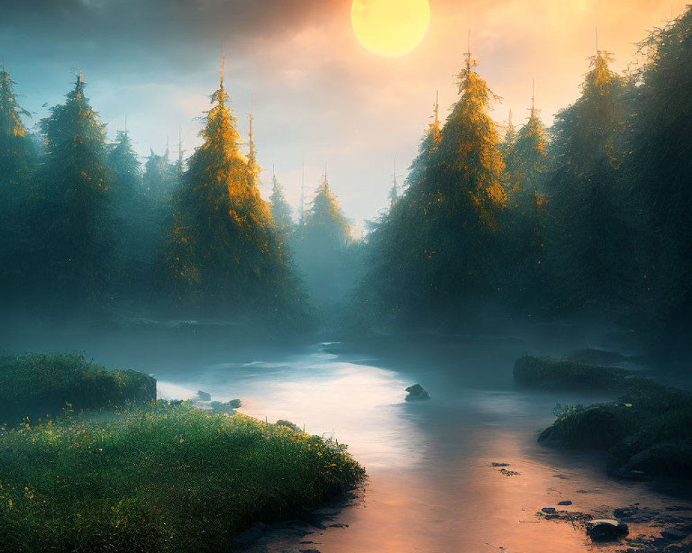 Full Moon Twilight Scene Over Misty Forest and Tranquil River