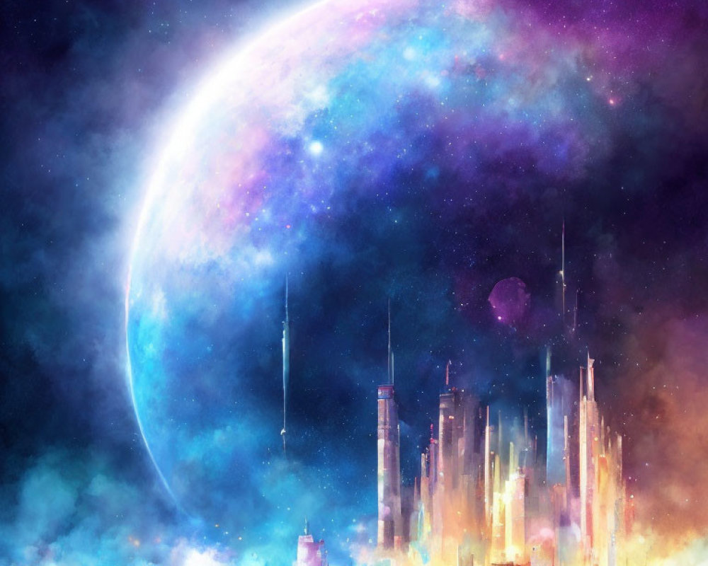 Colorful illuminated cityscape under celestial body in cosmic sky