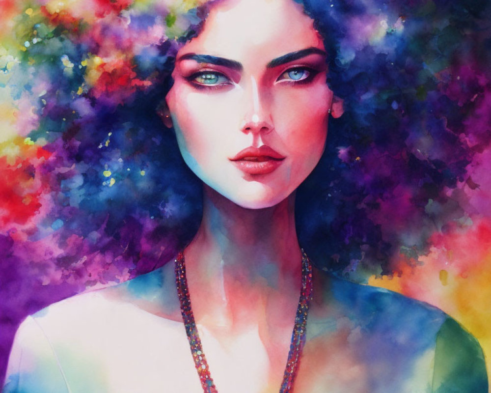 Colorful Watercolor Portrait of Woman with Cloud-Like Aura and Beaded Necklace