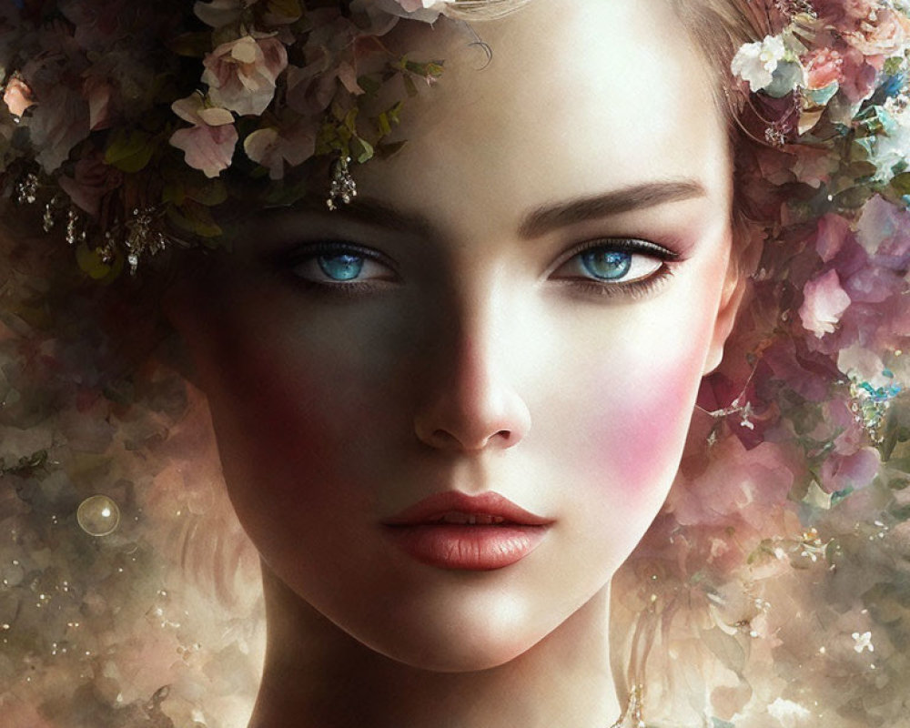 Digital portrait of woman with floral crown and vibrant flowers, piercing blue eyes.