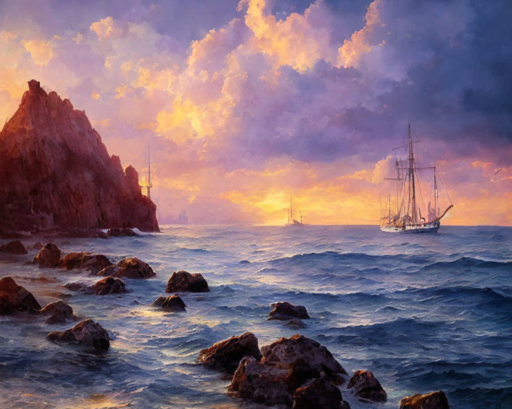 Seascape sunset painting with ships near rocky coast and dramatic sky