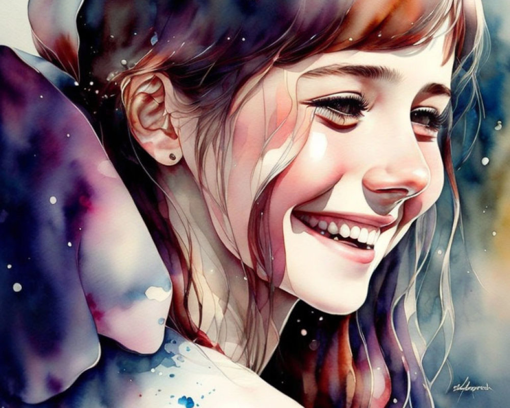 Smiling girl watercolor painting with cosmic and floral motifs