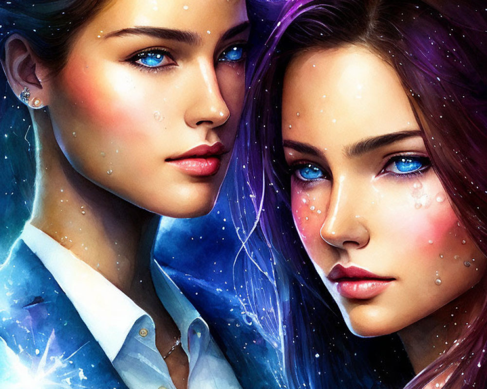 Two vibrant cosmic-themed portrait paintings of a woman with blue eyes on starry and deep space backgrounds