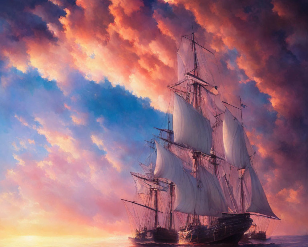 Tall ship with billowing sails on calm seas at sunset