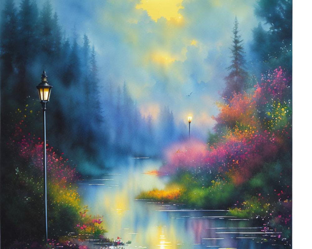 Moonlit river landscape with vibrant flowers and misty forest