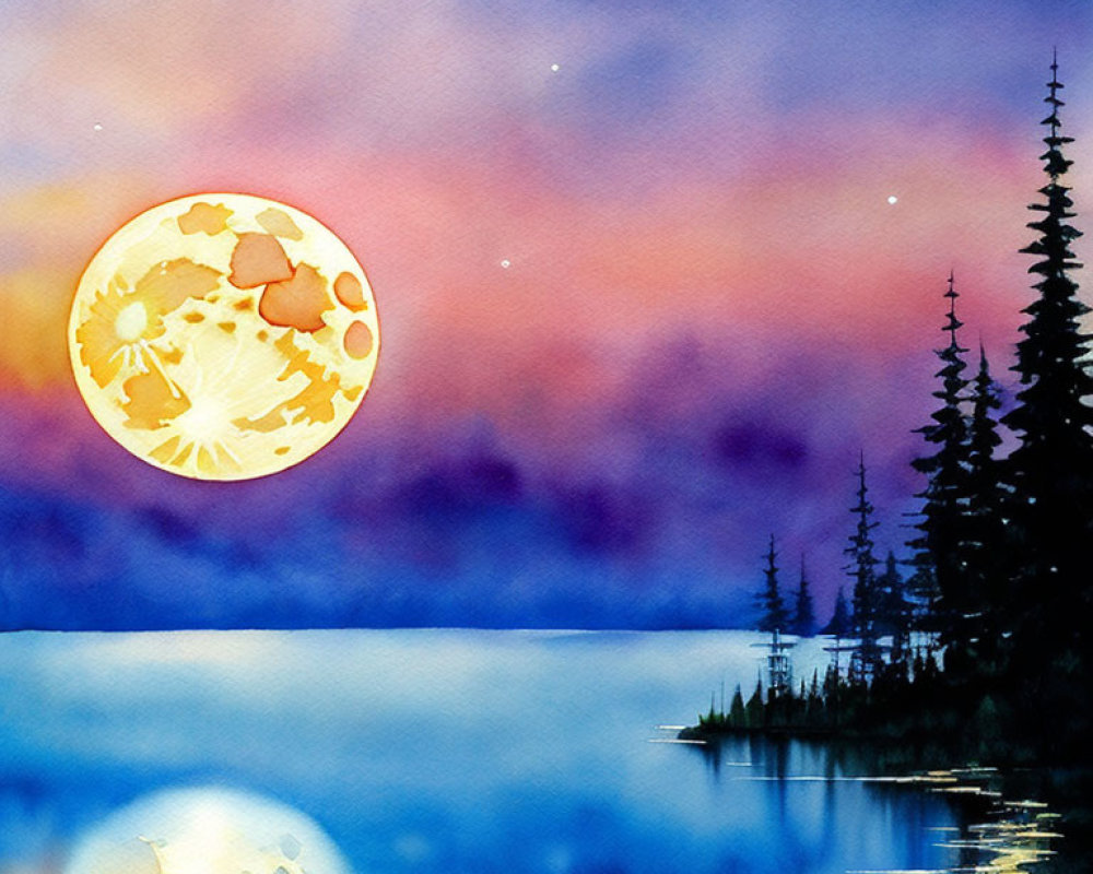 Scenic watercolor: full moon, serene lake, pine trees, colorful dusk sky