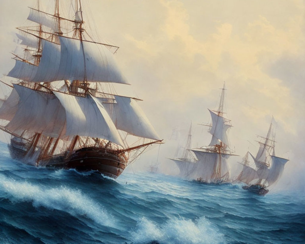 Tall Ships with Full Sails on Rolling Ocean Waves