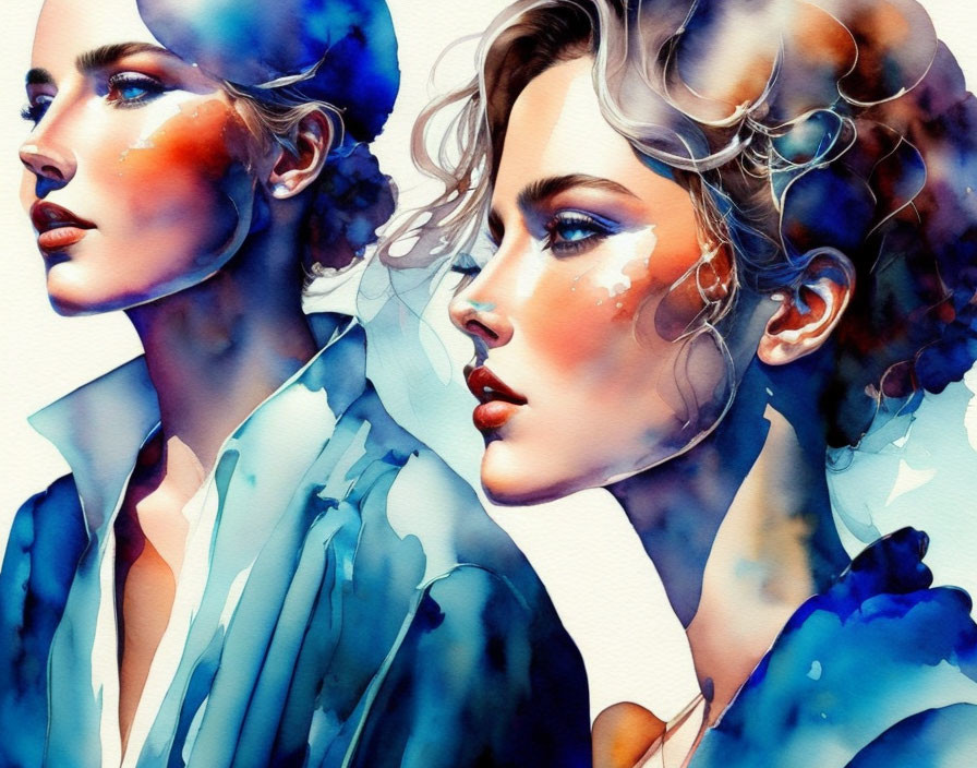 Vivid Watercolor Artwork: Two Women, Detailed Faces, Blue Tones