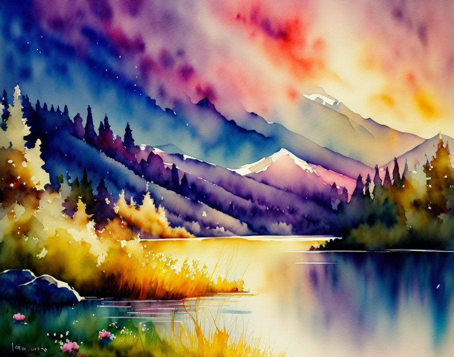 Serene mountain landscape watercolor painting